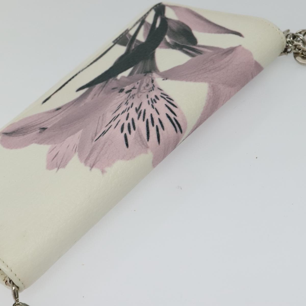 Christian Dior Chain Wallet Leather White Silver Auth bs22820