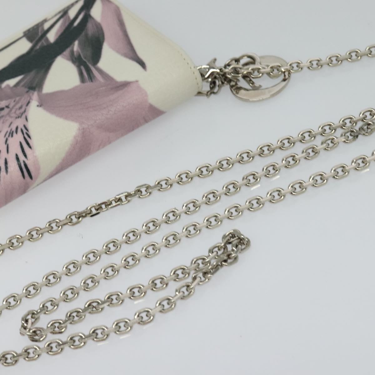 Christian Dior Chain Wallet Leather White Silver Auth bs22820