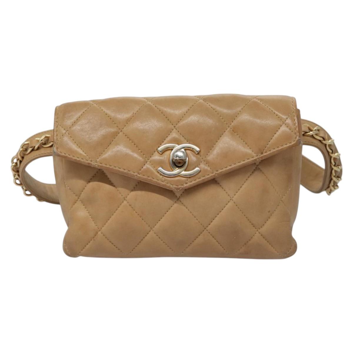 CHANEL Matelasse Chain Waist bag Lamb Skin Beige Gold CC Auth bs22827