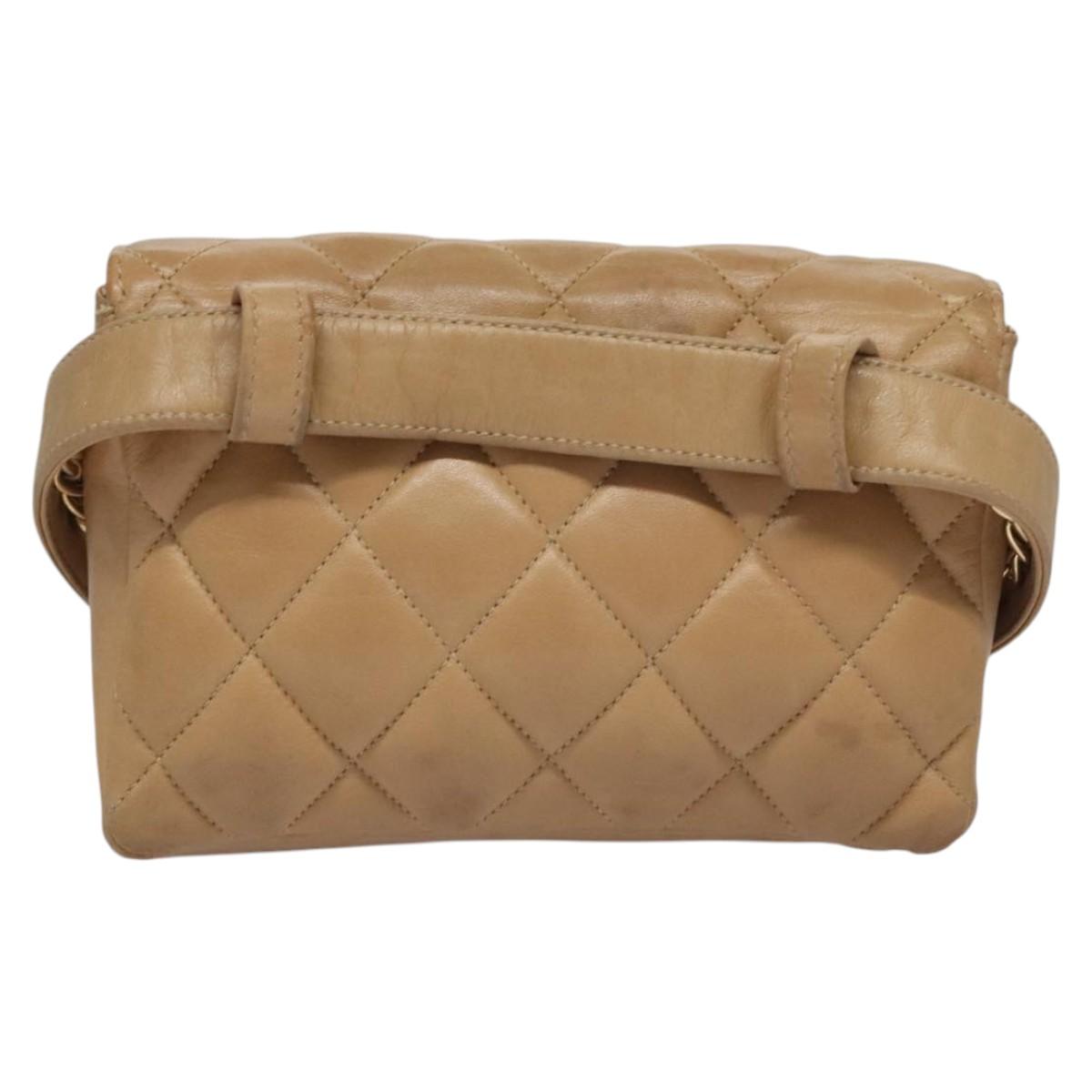 CHANEL Matelasse Chain Waist bag Lamb Skin Beige Gold CC Auth bs22827