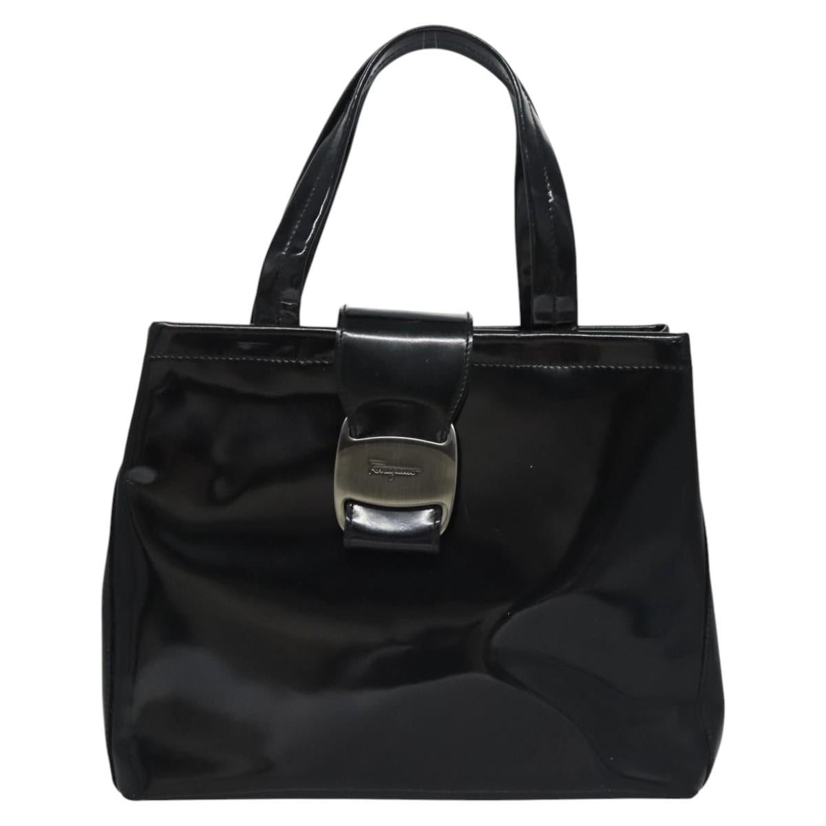 Salvatore Ferragamo Vala Hand Bag Enamel Black Auth bs22866