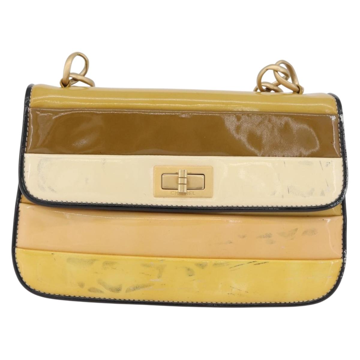 CHANEL Chain Shoulder Bag Patent leather Yellow Gold CC Auth bs22911