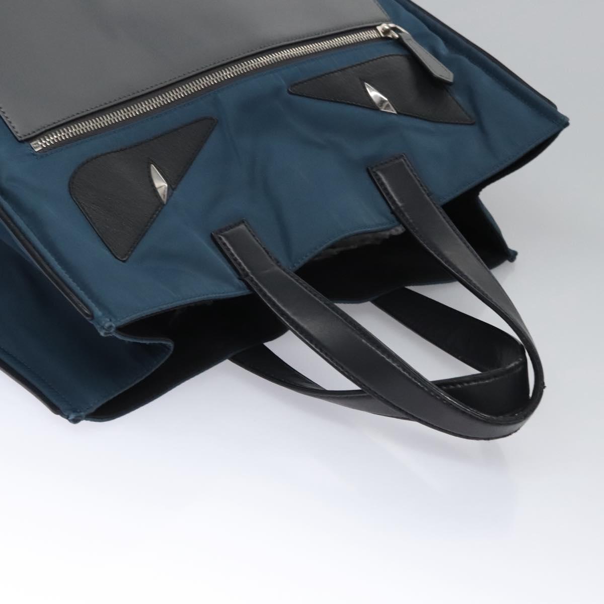 FENDI Tote Bag Nylon Leather Navy Black Silver Auth bs22946
