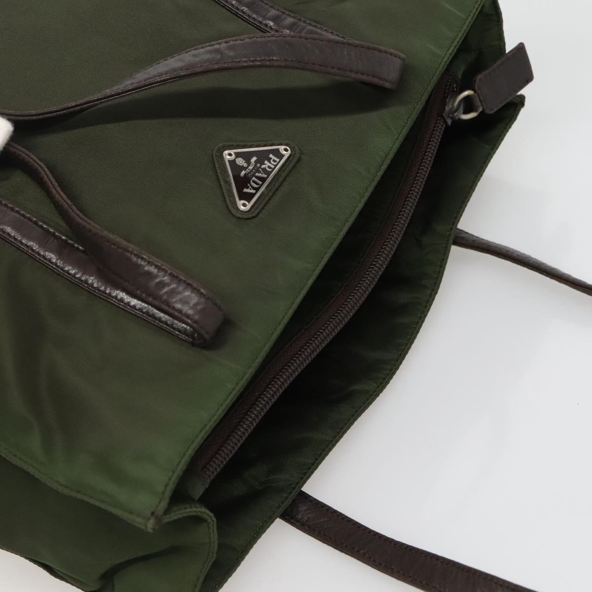 PRADA Tote Bag Nylon Khaki Brown Silver Auth bs22976