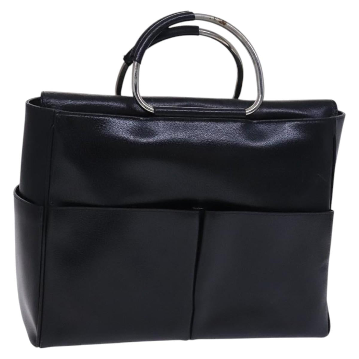 GUCCI Hand Bag Leather Metal Black Silver Auth bs23013
