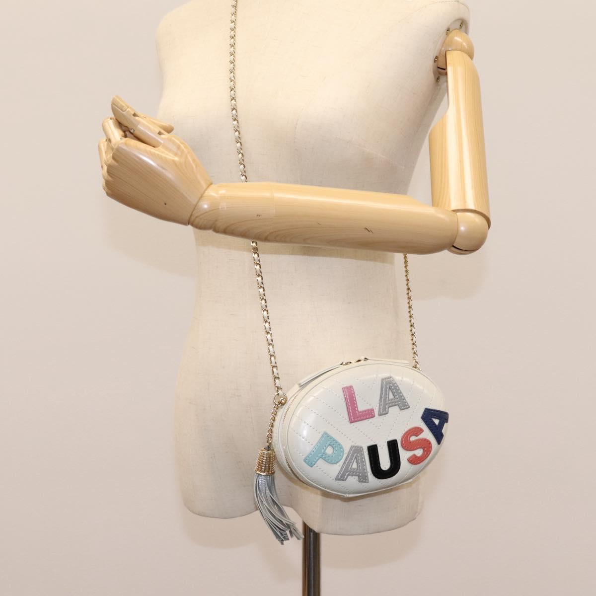 CHANEL V Stitch LA PAUSA Chain Shoulder Bag Leather White CC Auth bs23014AV