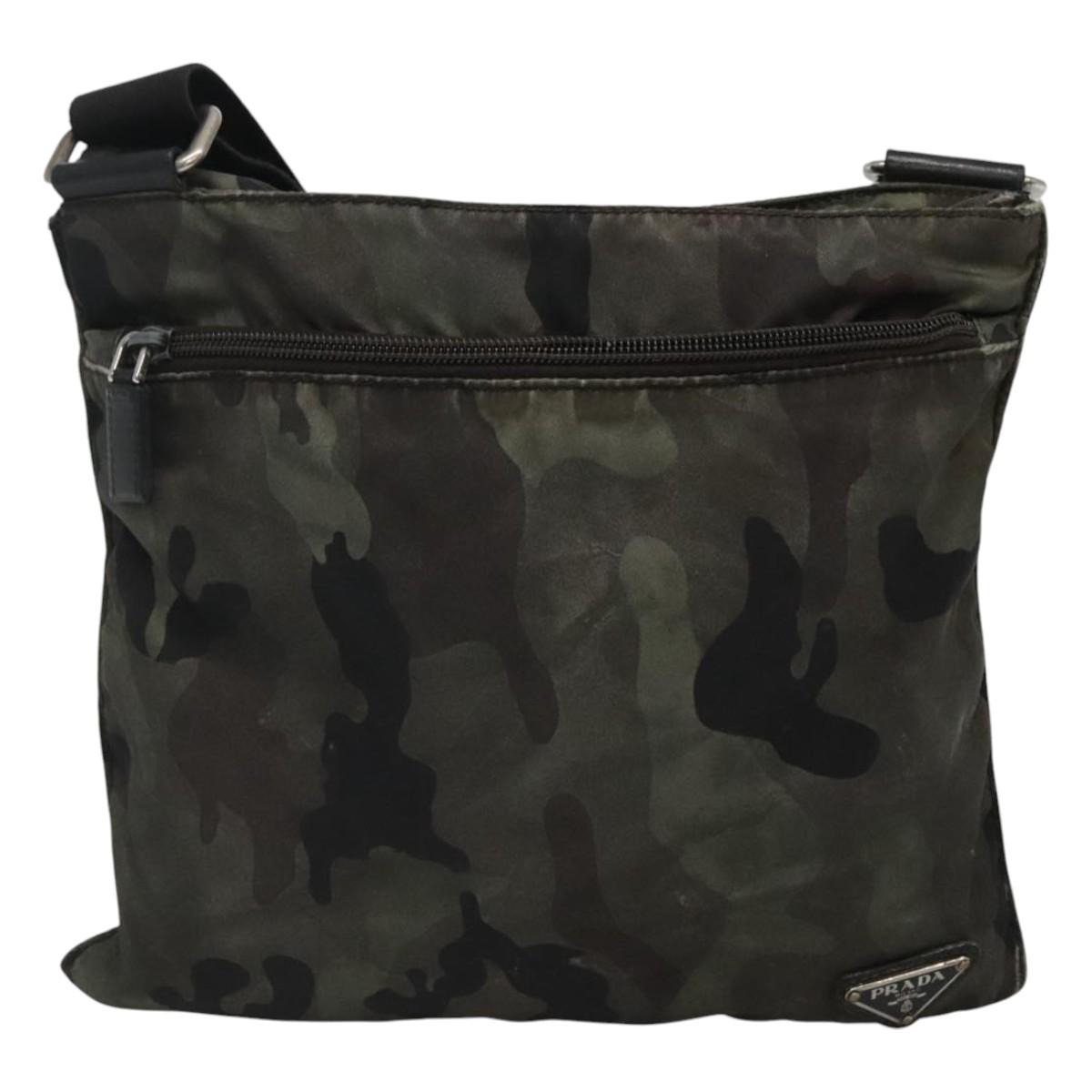 PRADA Shoulder Bag Nylon Khaki Black Auth bs23050