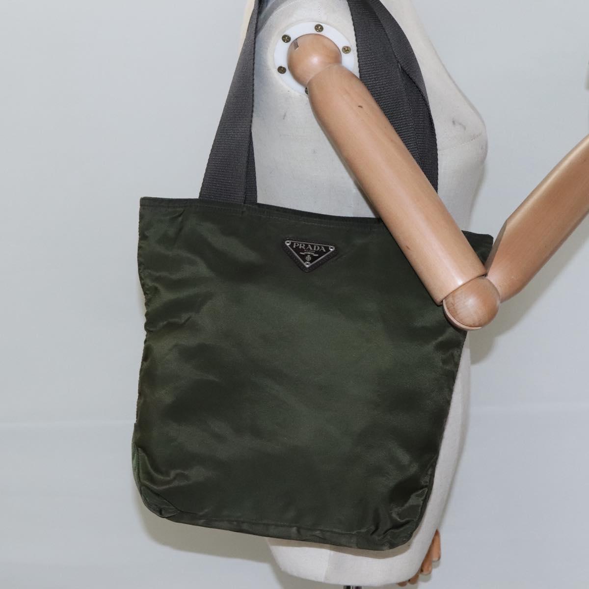 PRADA Tote Bag Nylon Khaki Silver Auth bs23051