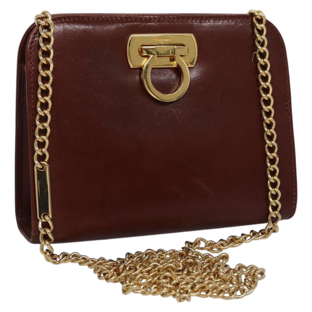 Salvatore Ferragamo Chain Gancini Shoulder Bag Leather Brown Gold Auth bs23090