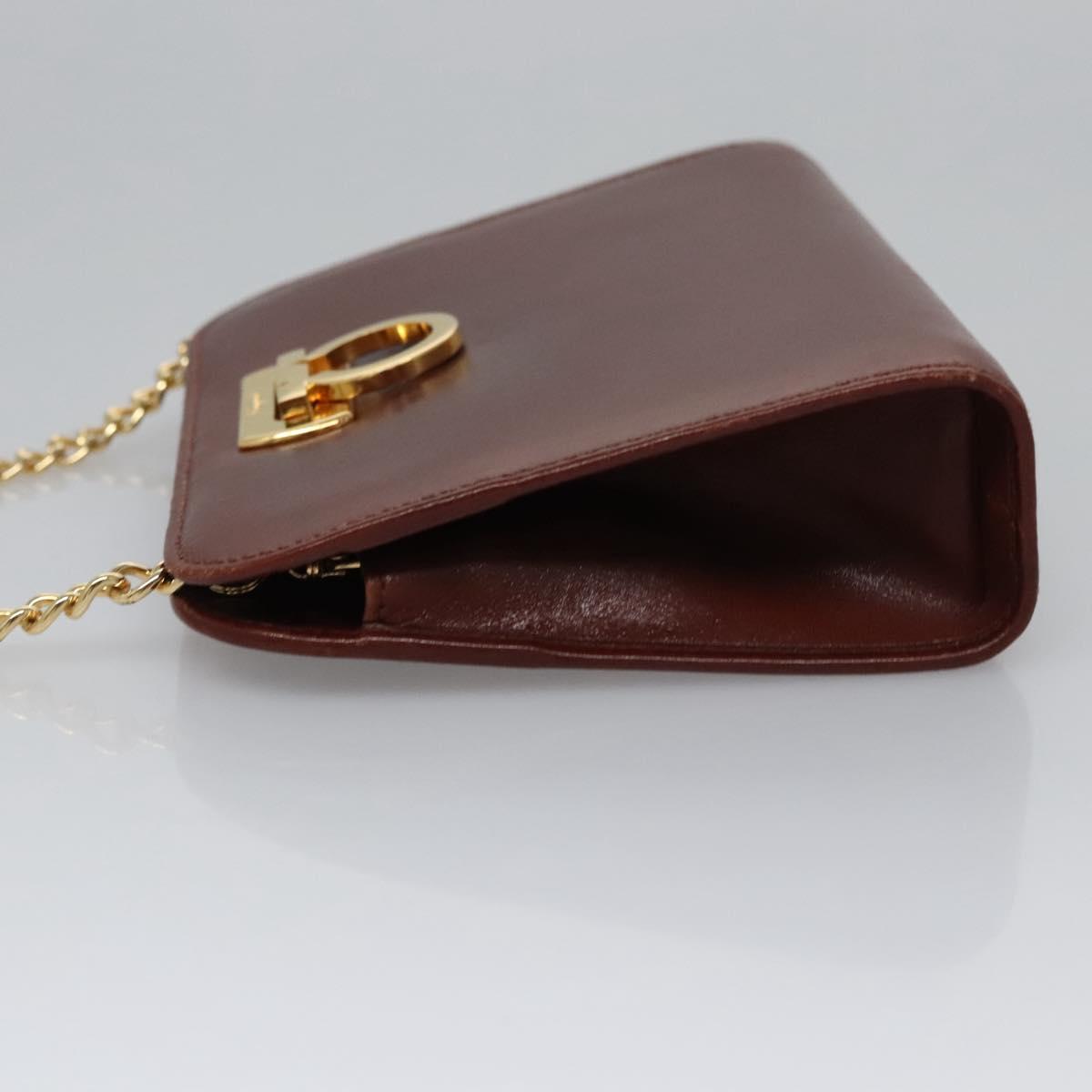 Salvatore Ferragamo Chain Gancini Shoulder Bag Leather Brown Gold Auth bs23090
