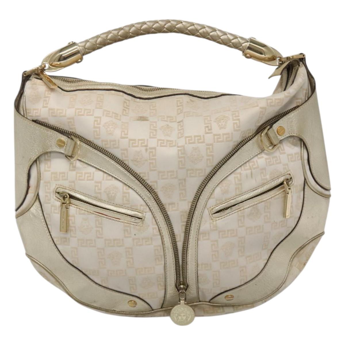 Gianni Versace Shoulder Bag Canvas Leather White Gold Auth bs23095