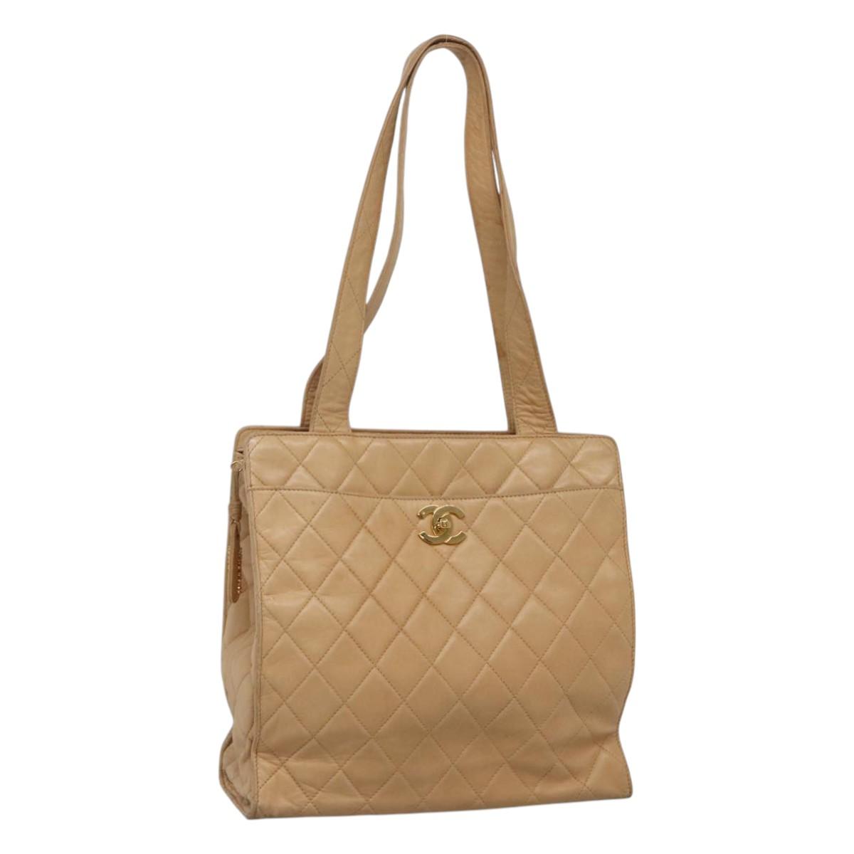 CHANEL Matelasse Shoulder Bag Lamb Skin Beige Gold CC Auth bs23120