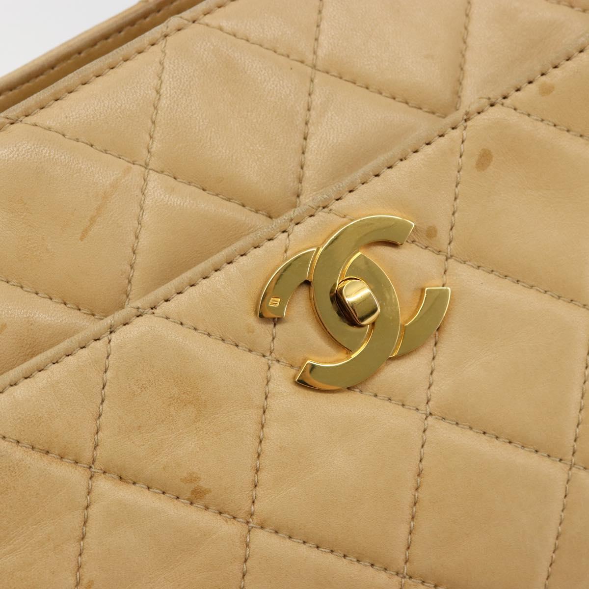CHANEL Matelasse Shoulder Bag Lamb Skin Beige Gold CC Auth bs23120