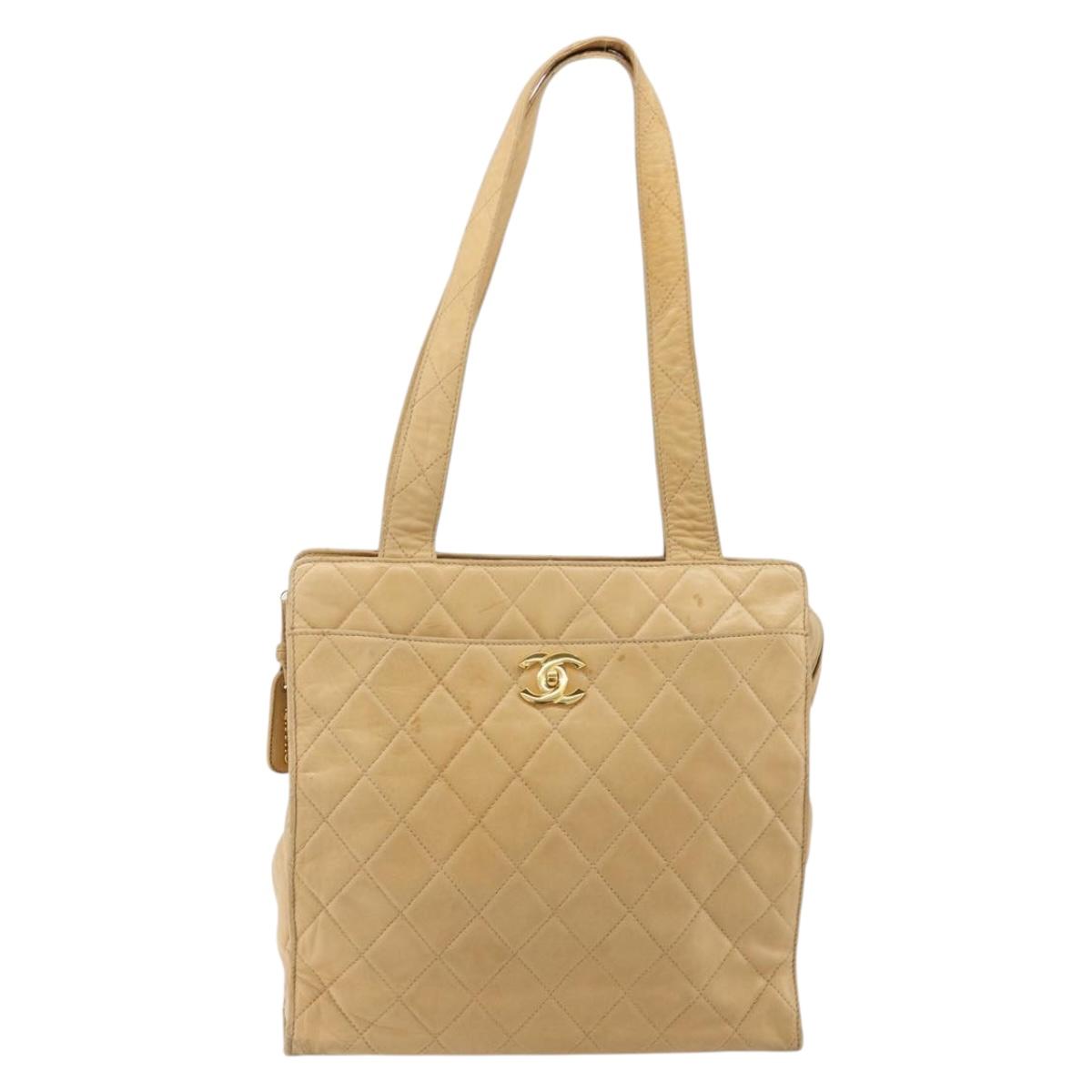 CHANEL Matelasse Shoulder Bag Lamb Skin Beige Gold CC Auth bs23120