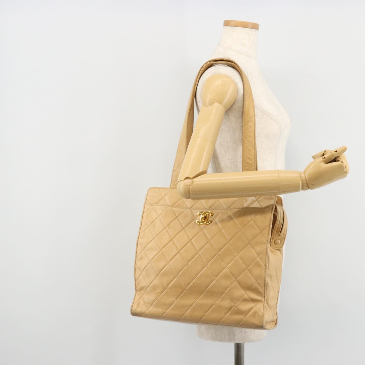 CHANEL Matelasse Shoulder Bag Lamb Skin Beige Gold CC Auth bs23120