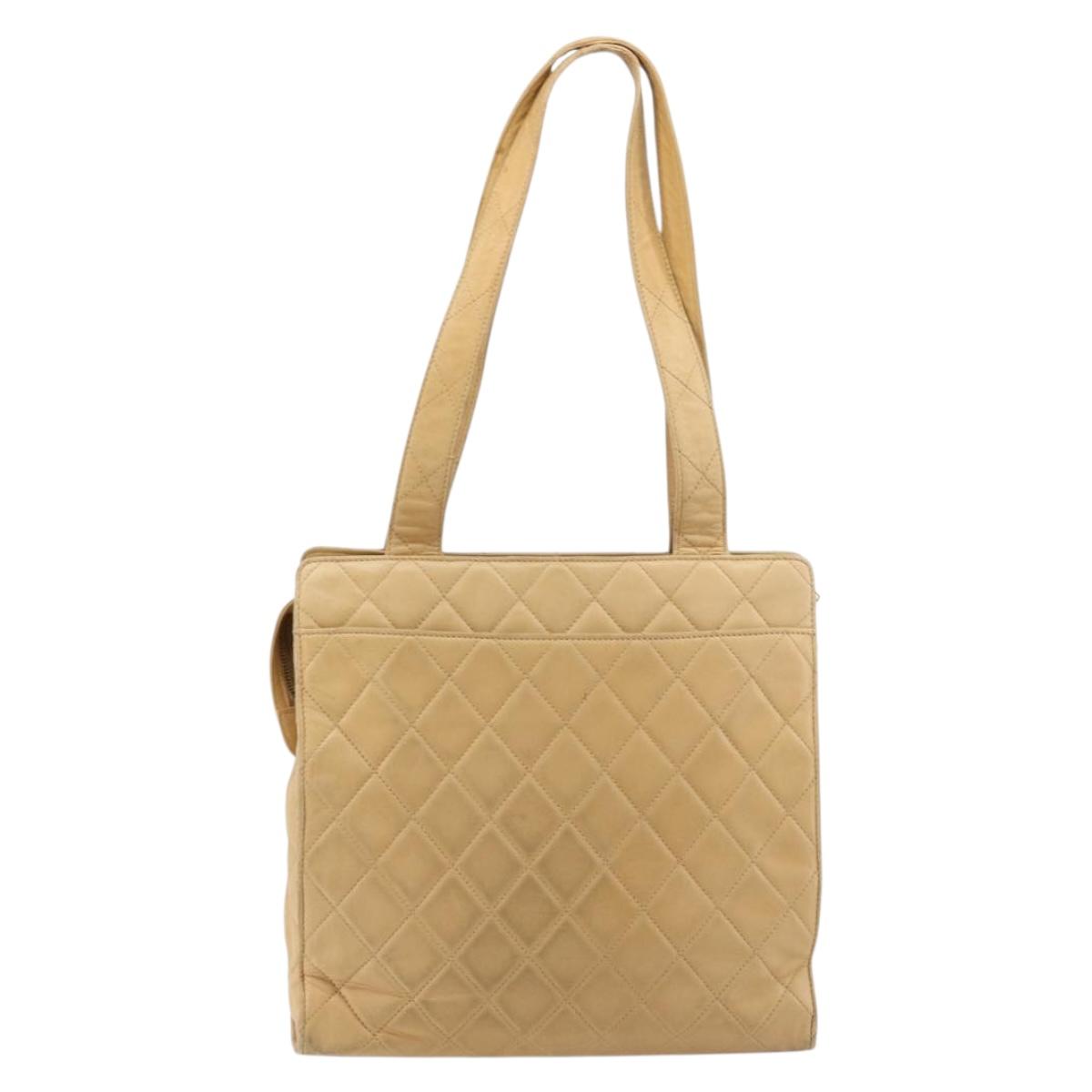 CHANEL Matelasse Shoulder Bag Lamb Skin Beige Gold CC Auth bs23120