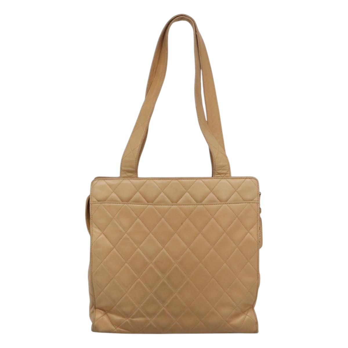 CHANEL Matelasse Shoulder Bag Lamb Skin Beige Gold CC Auth bs23120