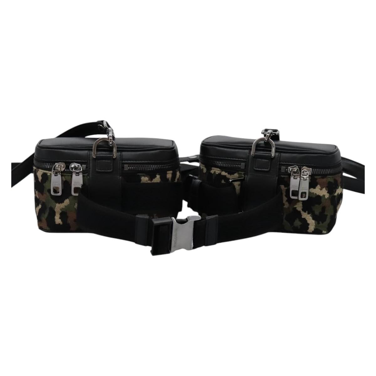 DOLCE&GABBANA Leopard Waist Bag Canvas Green Black Auth bs23142