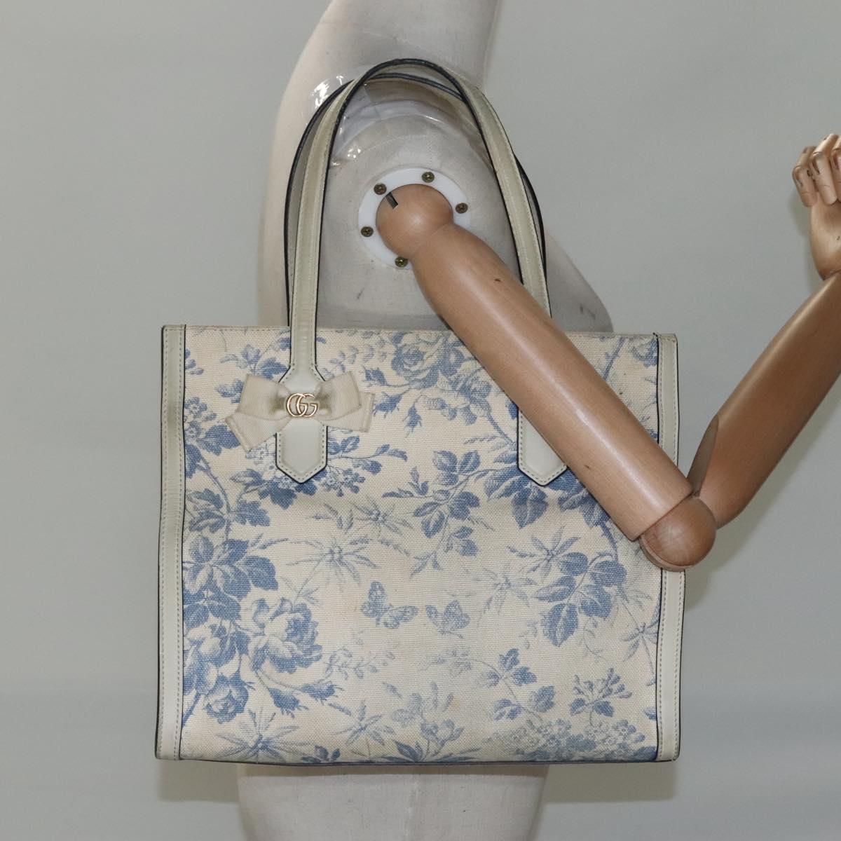 GUCCI Tote Bag Canvas Leather White Blue Auth bs23144