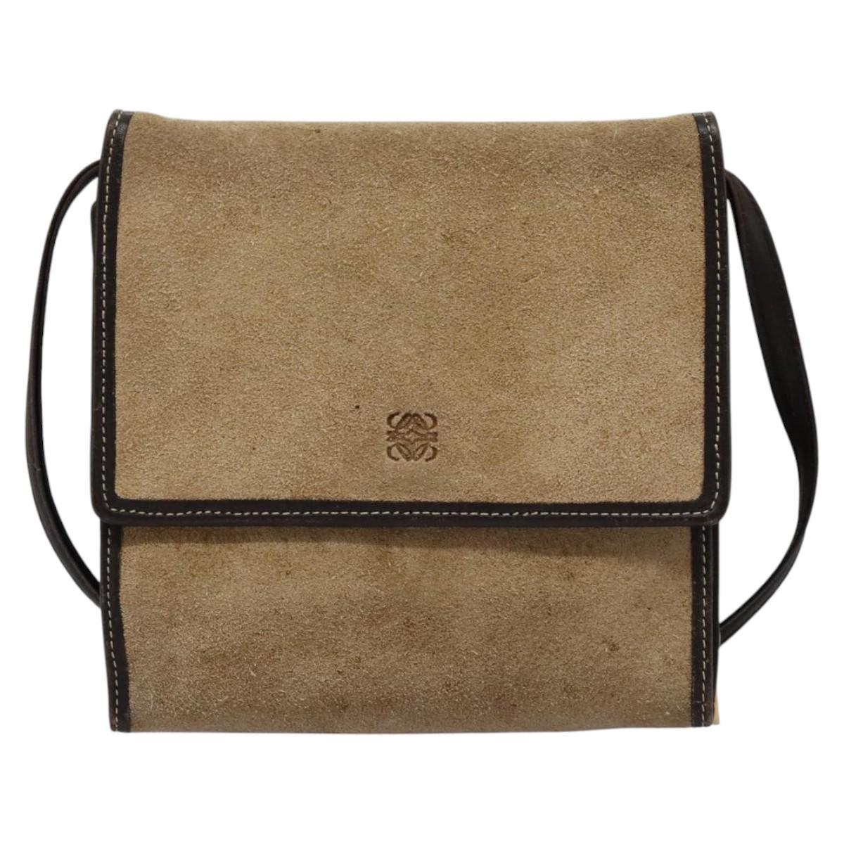 LOEWE Anagram Shoulder wallet Suede Leather Beige Brown gold Auth bs23167