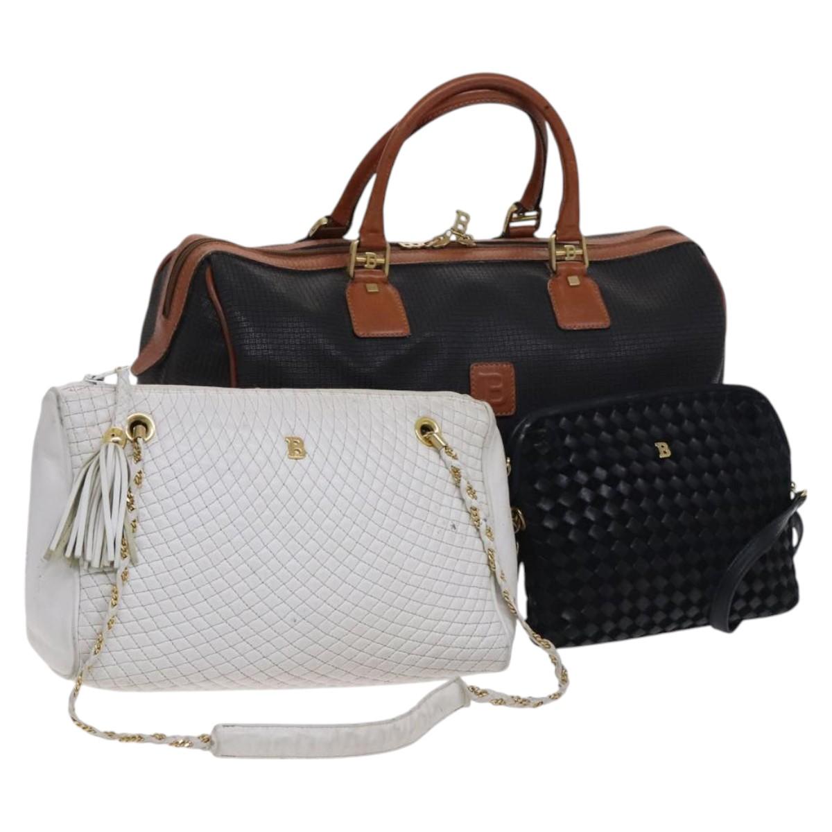 BALLY INTRECCIATO Shoulder Boston Bag Leather 3Set Black White Auth bs23216