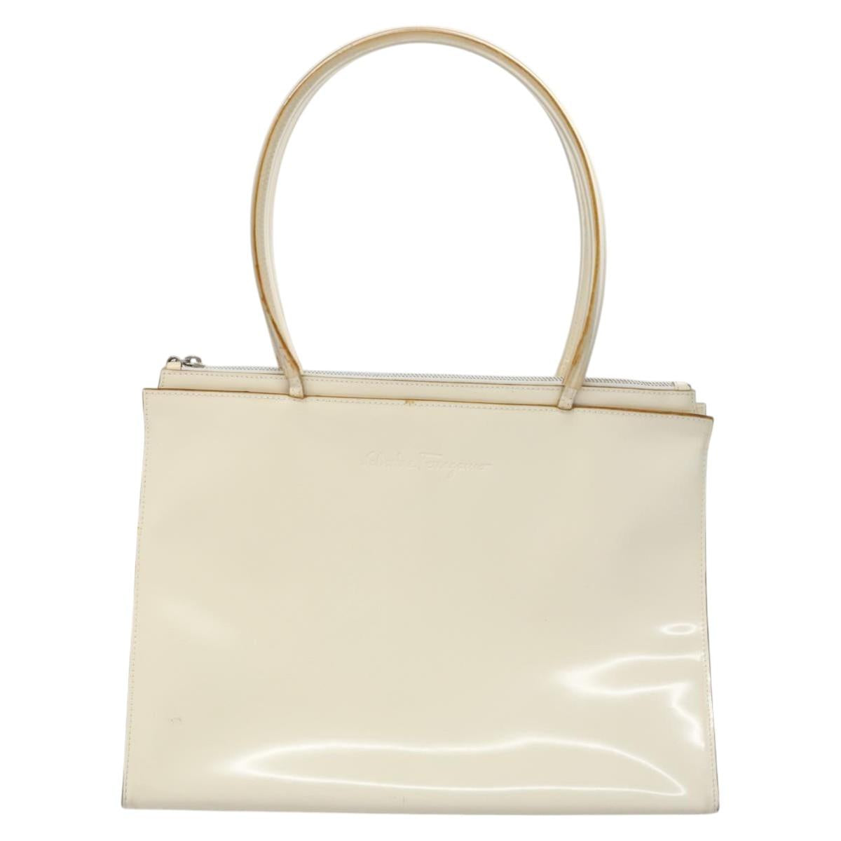 Salvatore Ferragamo Tote Bag Enamel White Silver Auth bs23225
