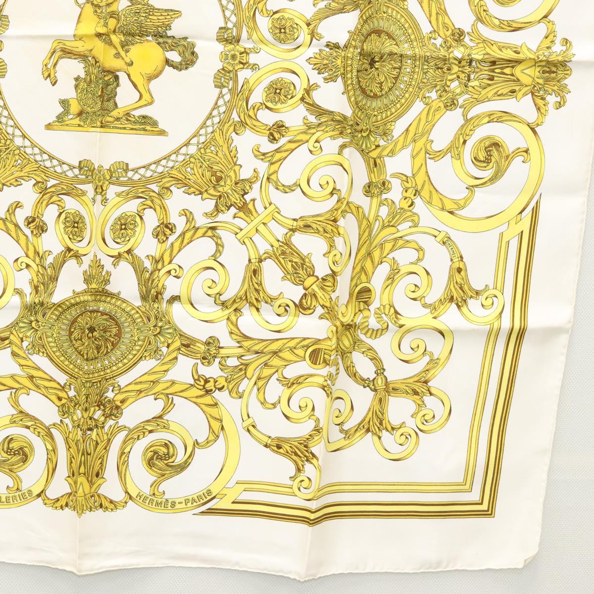 HERMES Carre 90 Scarf ""LES TUILERIES"" Silk Yellow White Auth bs23244