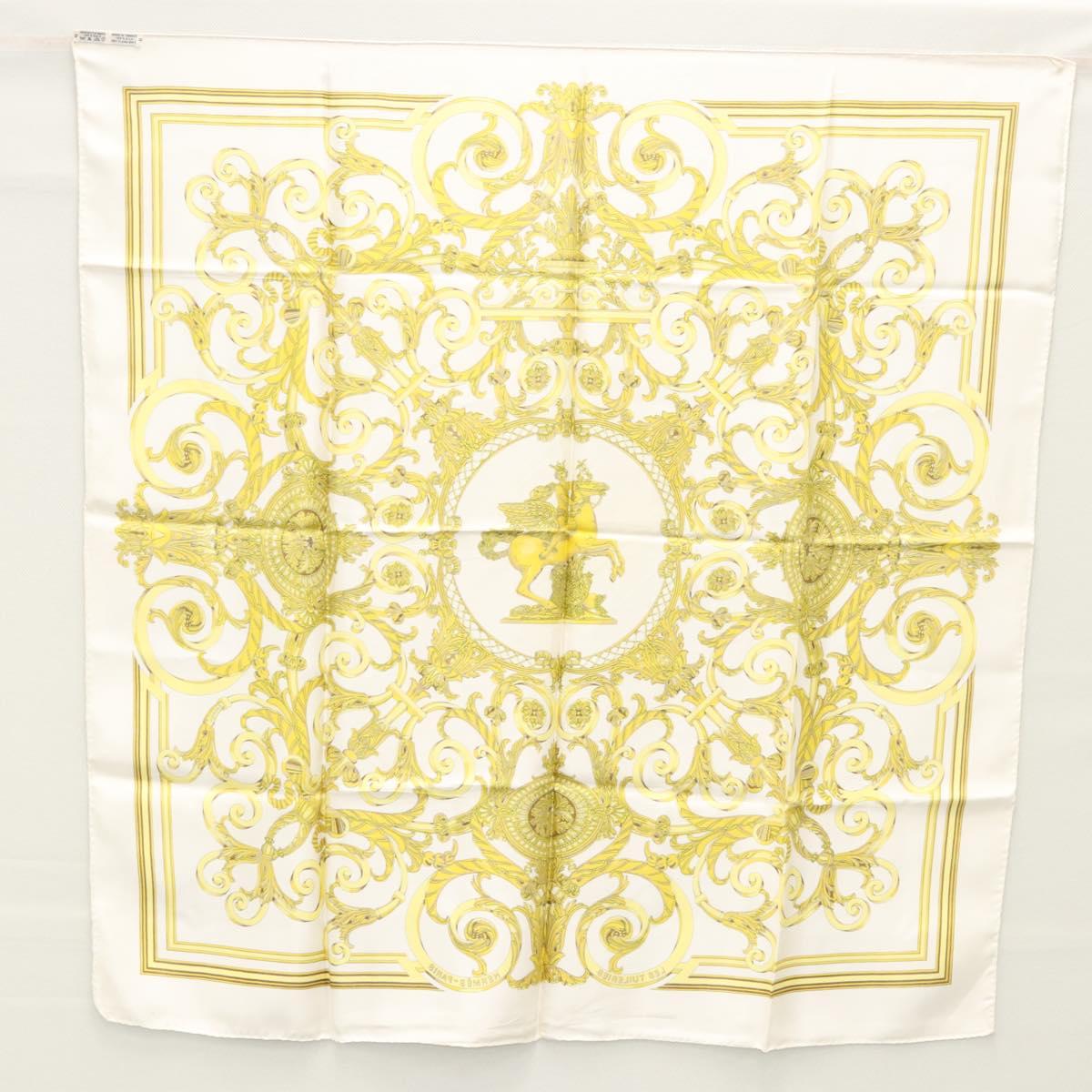 HERMES Carre 90 Scarf ""LES TUILERIES"" Silk Yellow White Auth bs23244
