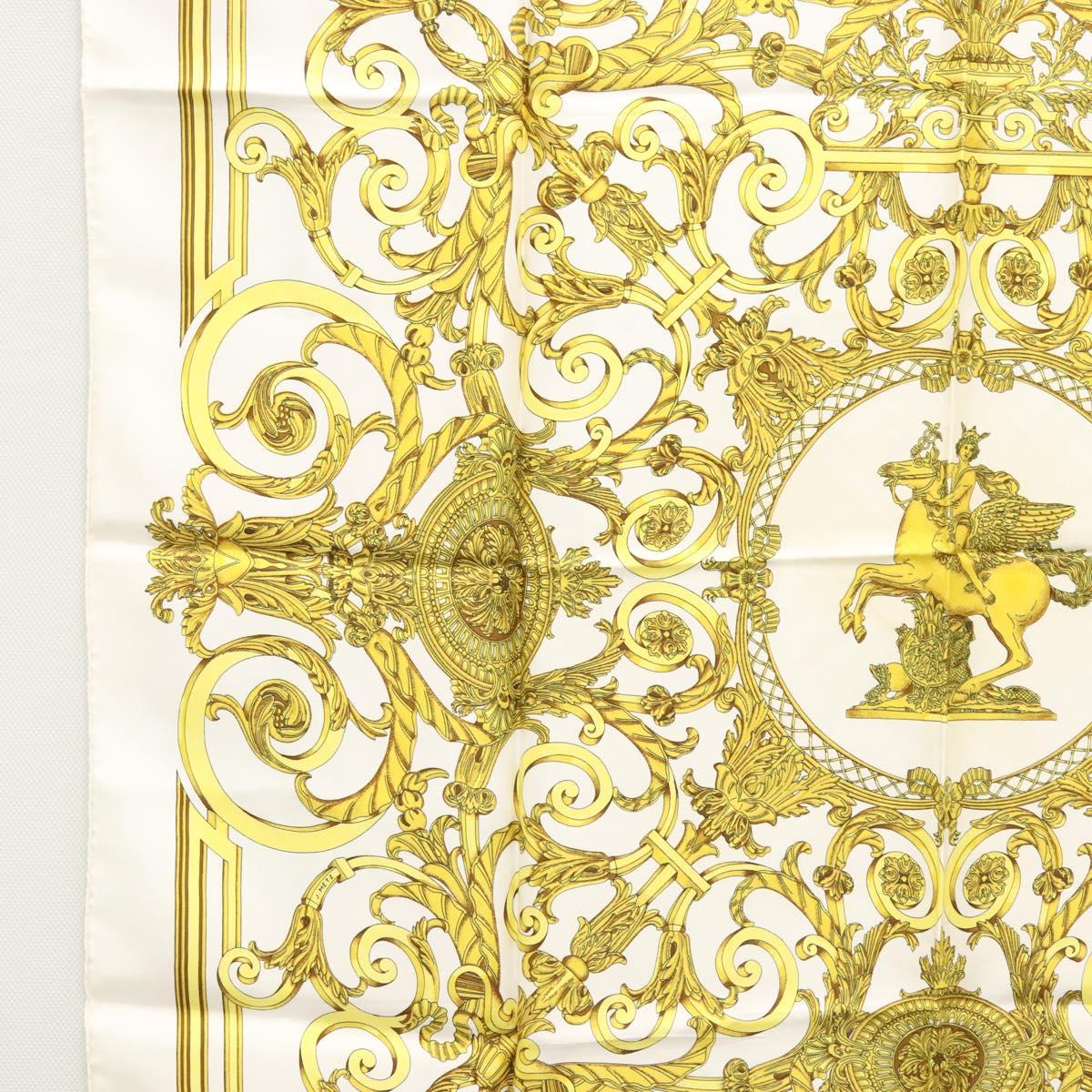 HERMES Carre 90 Scarf ""LES TUILERIES"" Silk Yellow White Auth bs23244