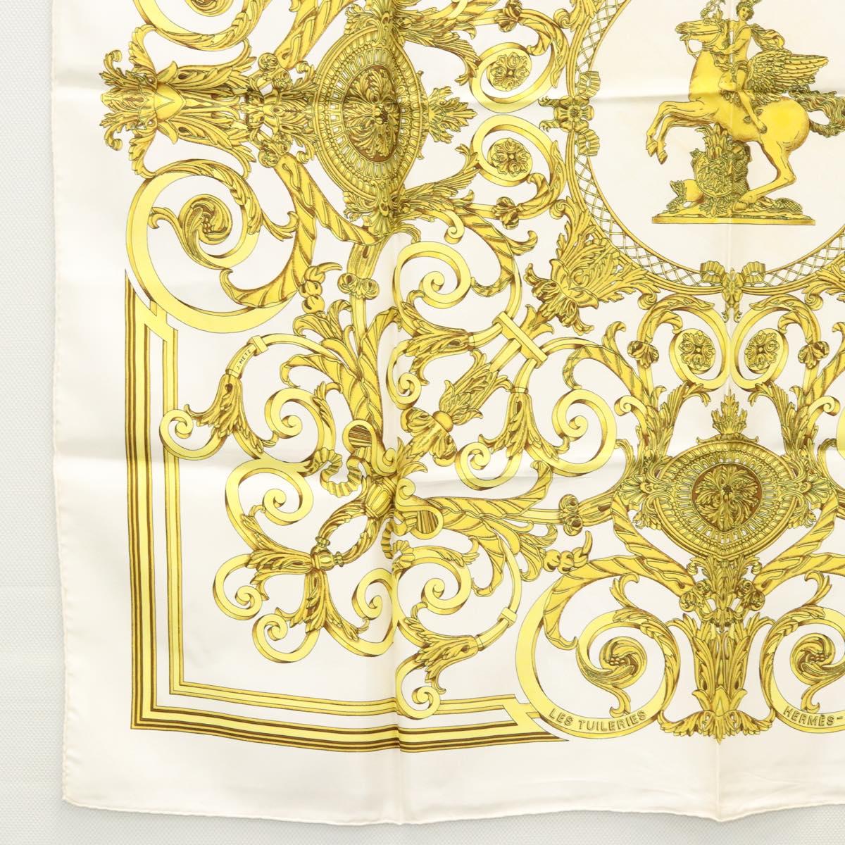 HERMES Carre 90 Scarf ""LES TUILERIES"" Silk Yellow White Auth bs23244