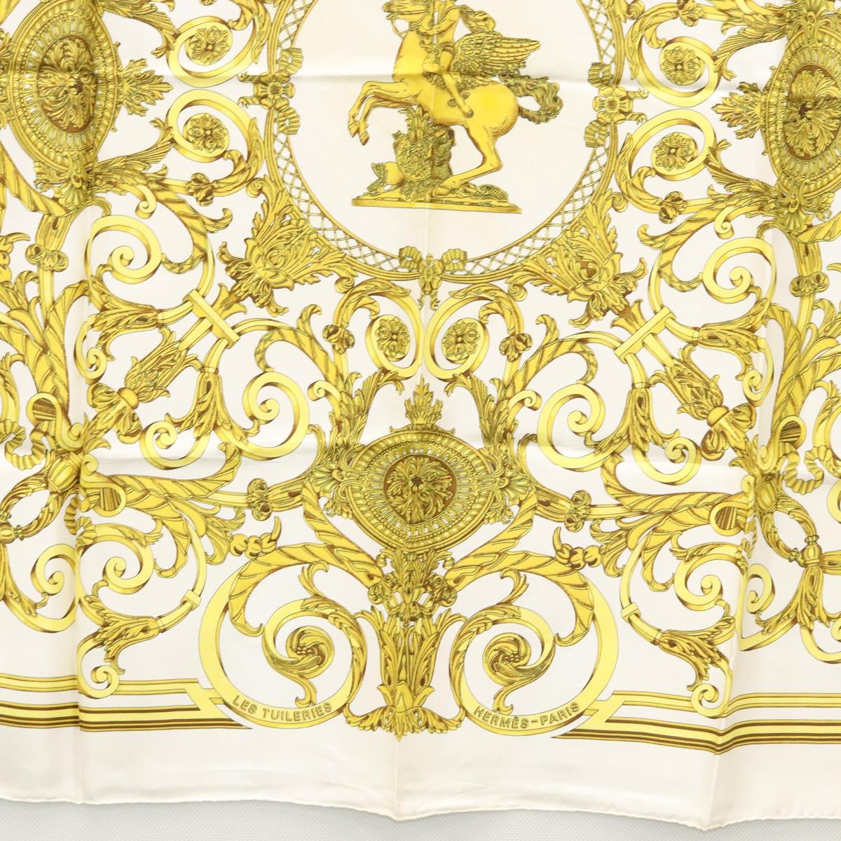 HERMES Carre 90 Scarf ""LES TUILERIES"" Silk Yellow White Auth bs23244