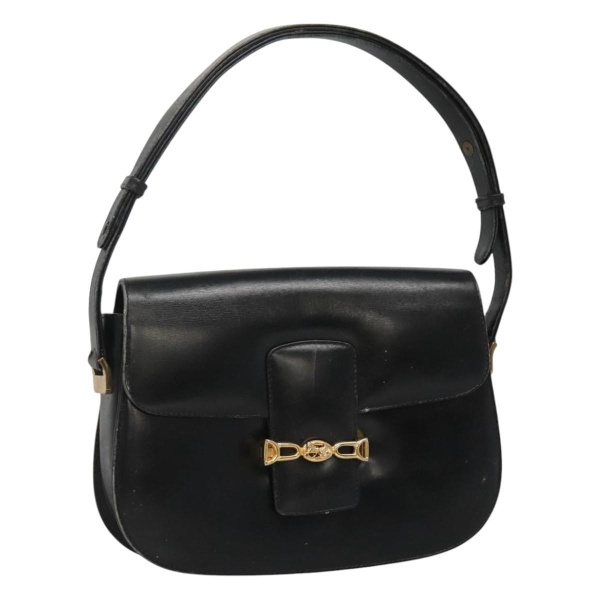 CELINE Horse Carriage Shoulder Bag Leather Black Gold Auth bs23266