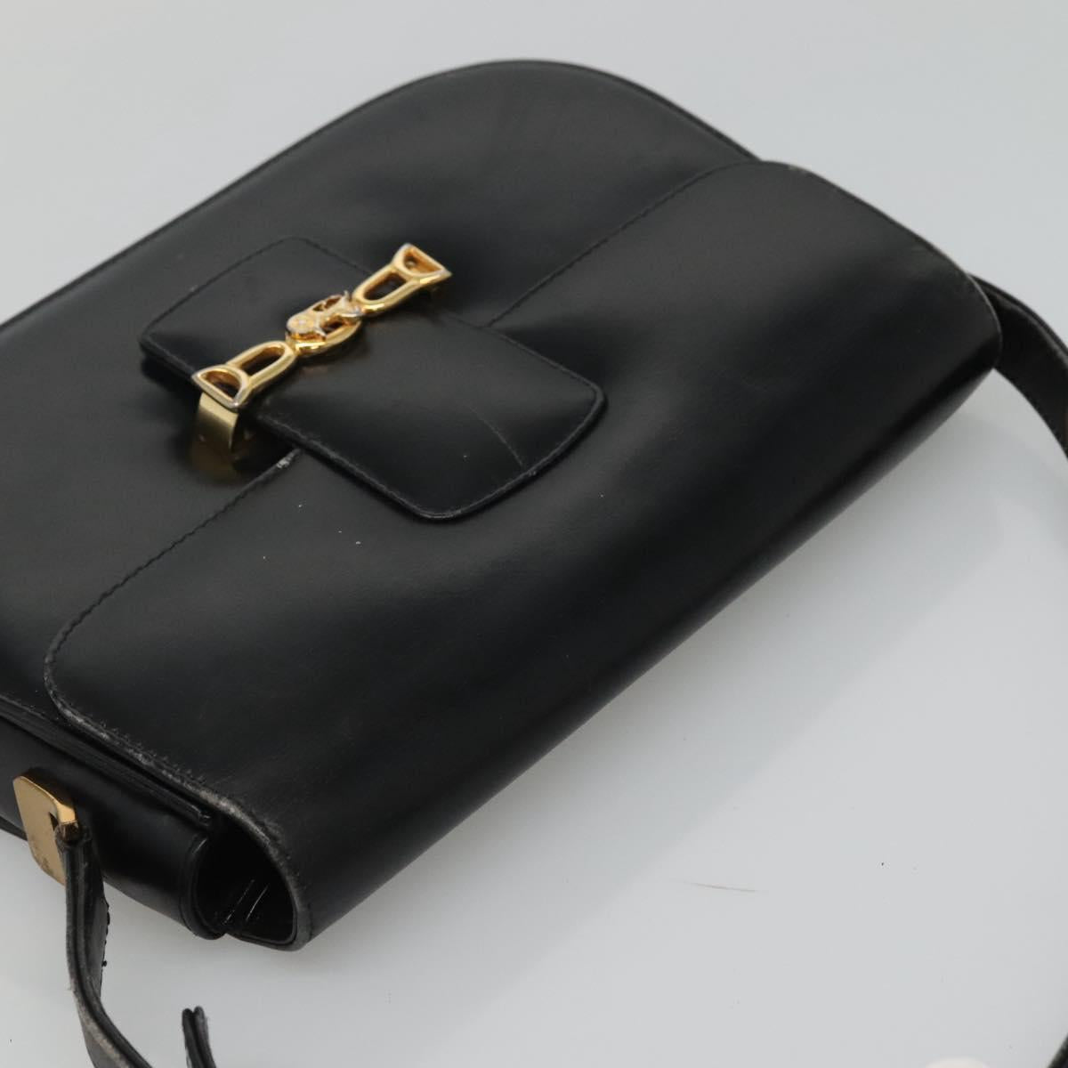 CELINE Horse Carriage Shoulder Bag Leather Black Gold Auth bs23266