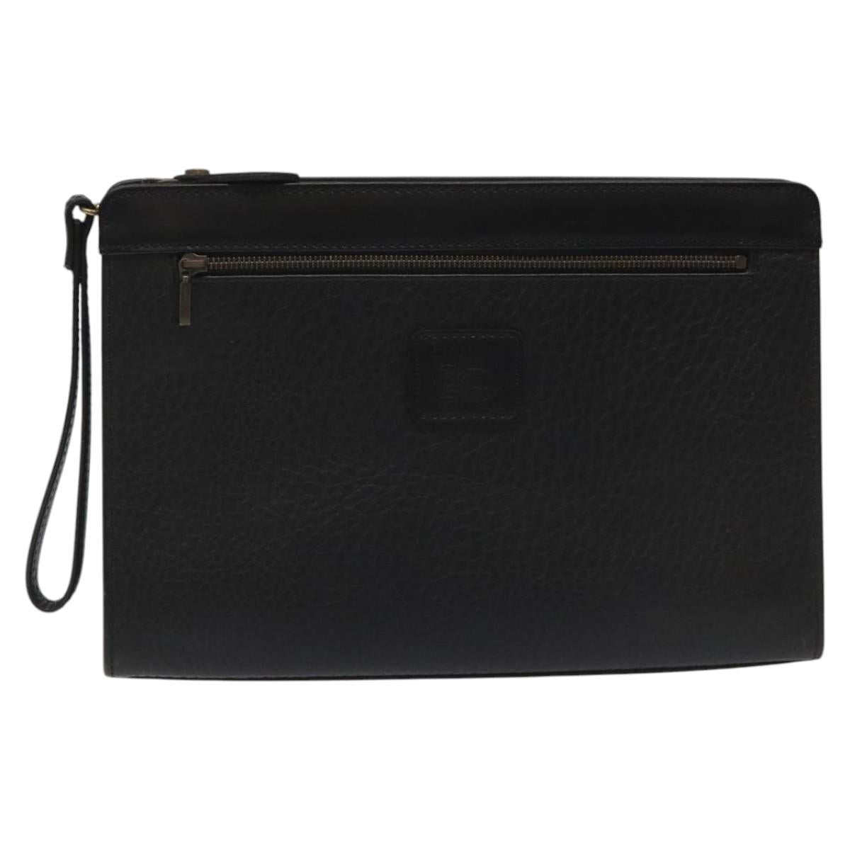 Burberrys Clutch Bag Leather Black Auth bs23321