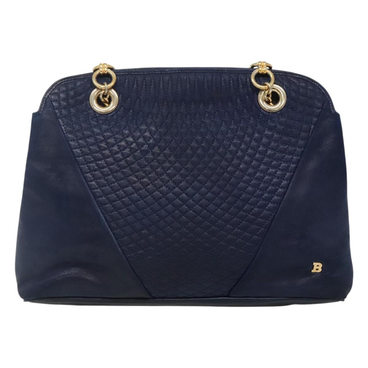 BALLY Shoulder Bag Leather Navy Gold Auth bs23323