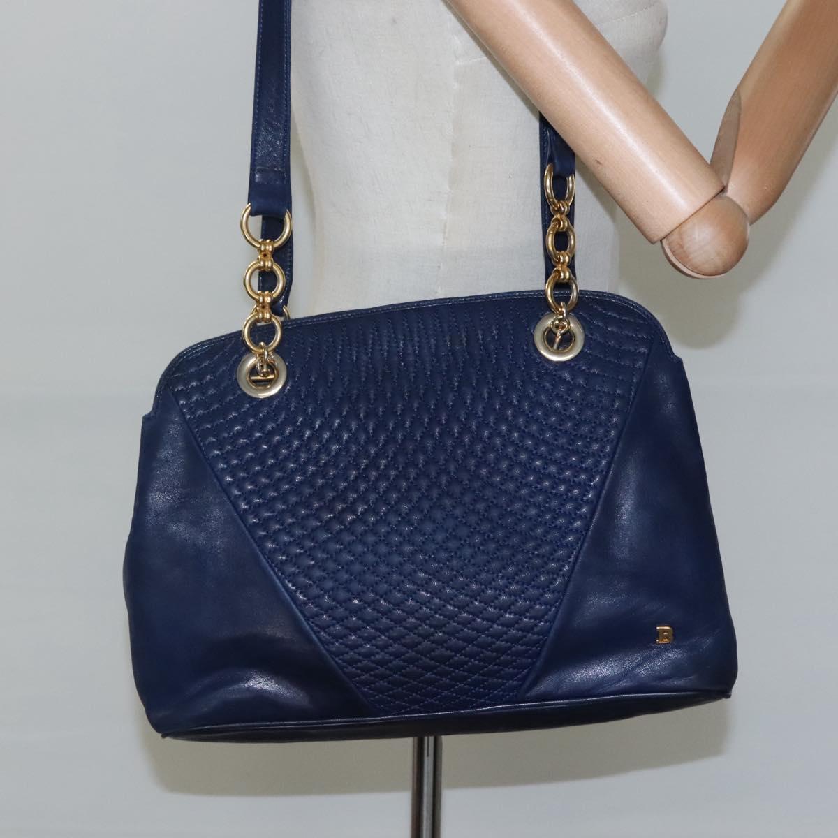 BALLY Shoulder Bag Leather Navy Gold Auth bs23323