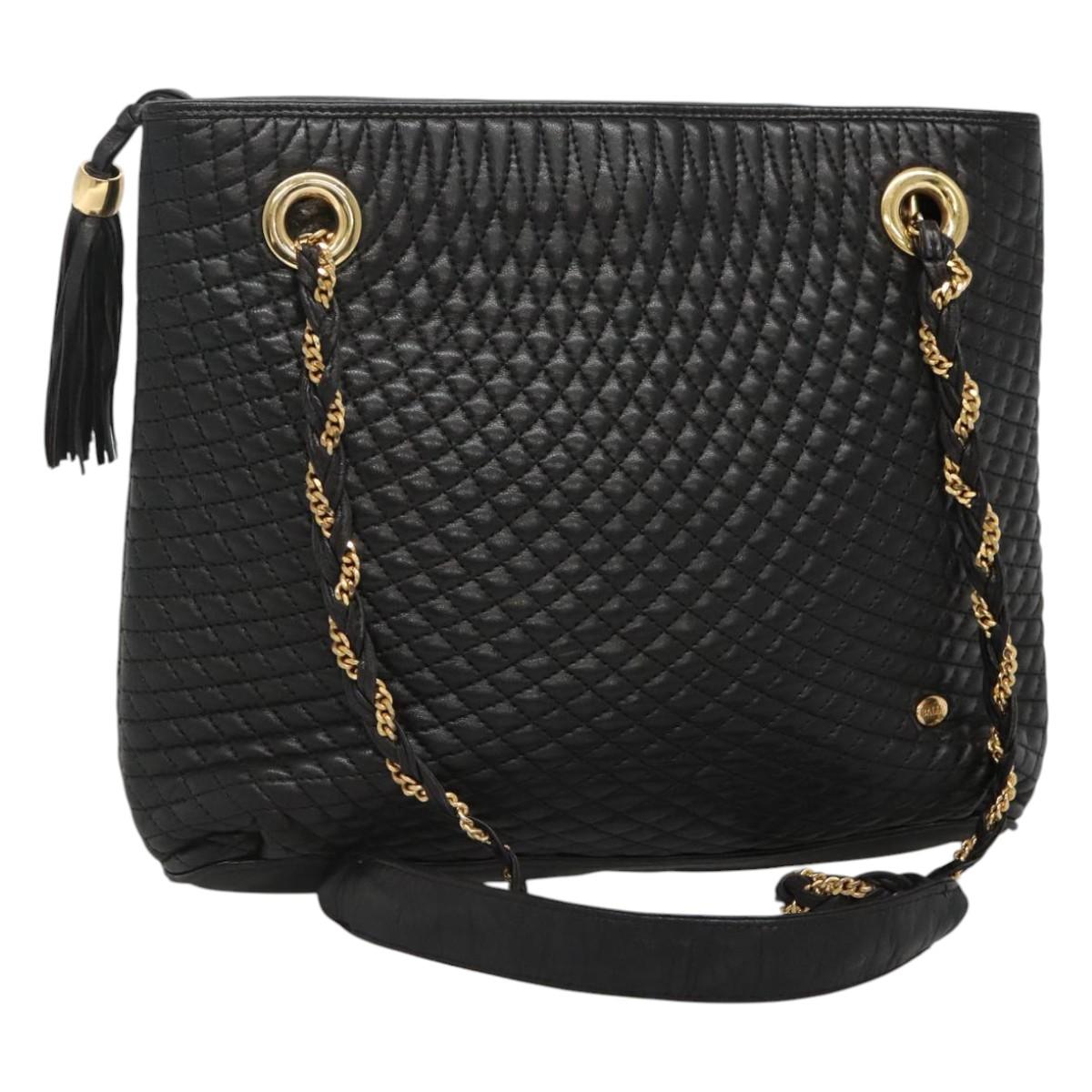 BALLY Quilted Chain Shoulder Bag Leather Black Gold Auth bs23339