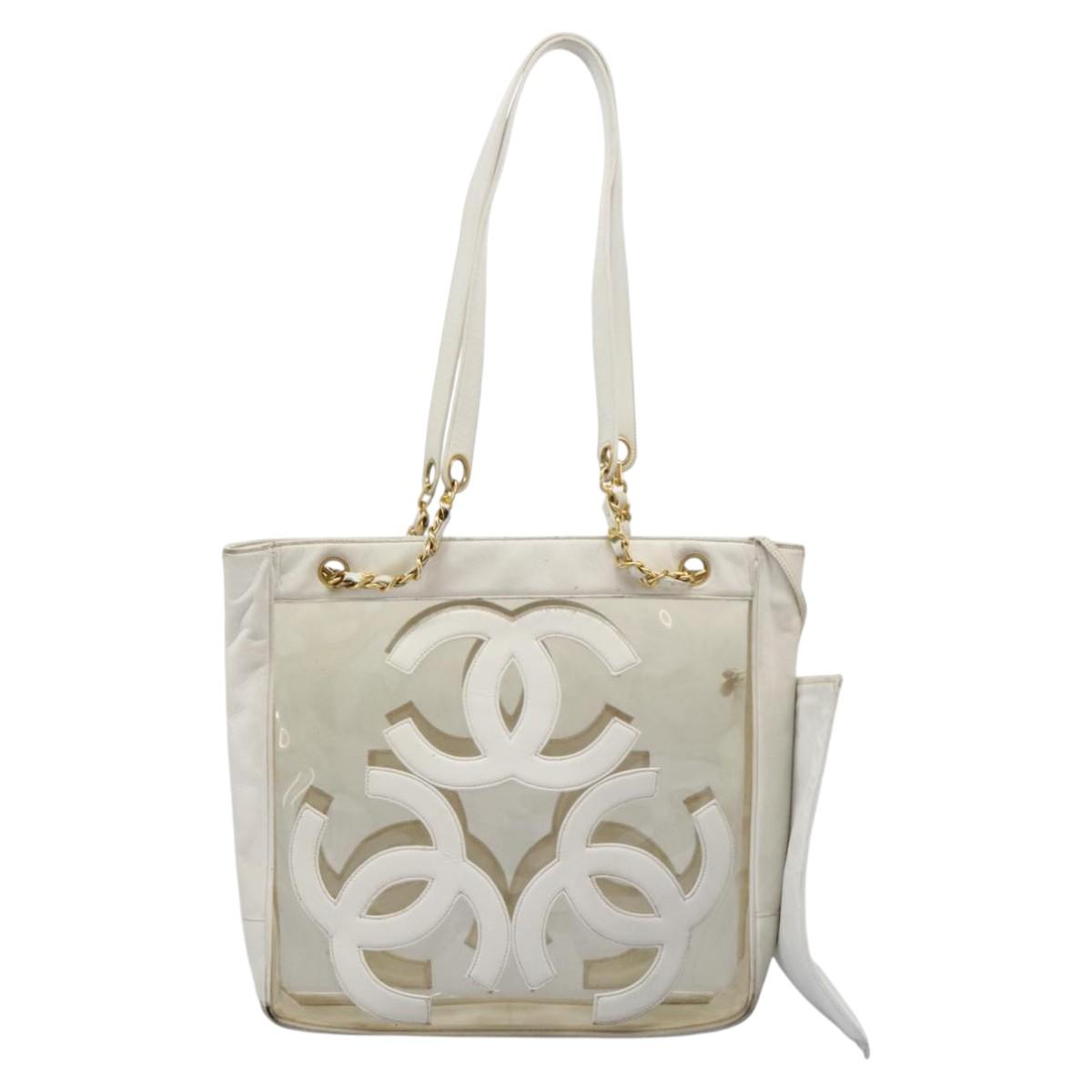 CHANEL Triple Coco Chain Tote Bag Vinyl Leather White Gold CC Auth bs23423