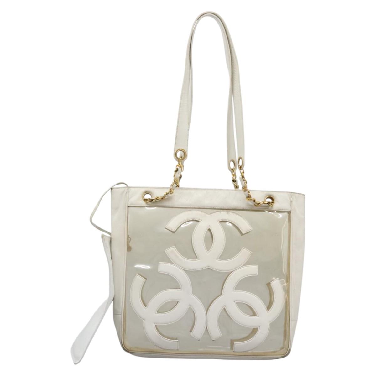 CHANEL Triple Coco Chain Tote Bag Vinyl Leather White Gold CC Auth bs23423