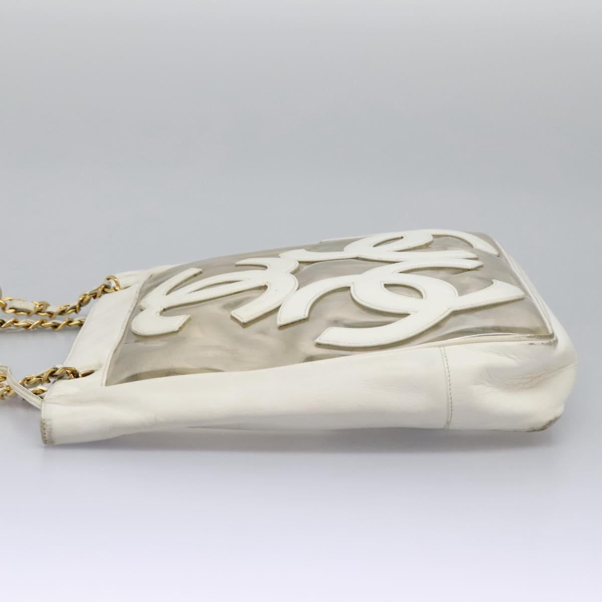 CHANEL Triple Coco Chain Tote Bag Vinyl Leather White Gold CC Auth bs23423