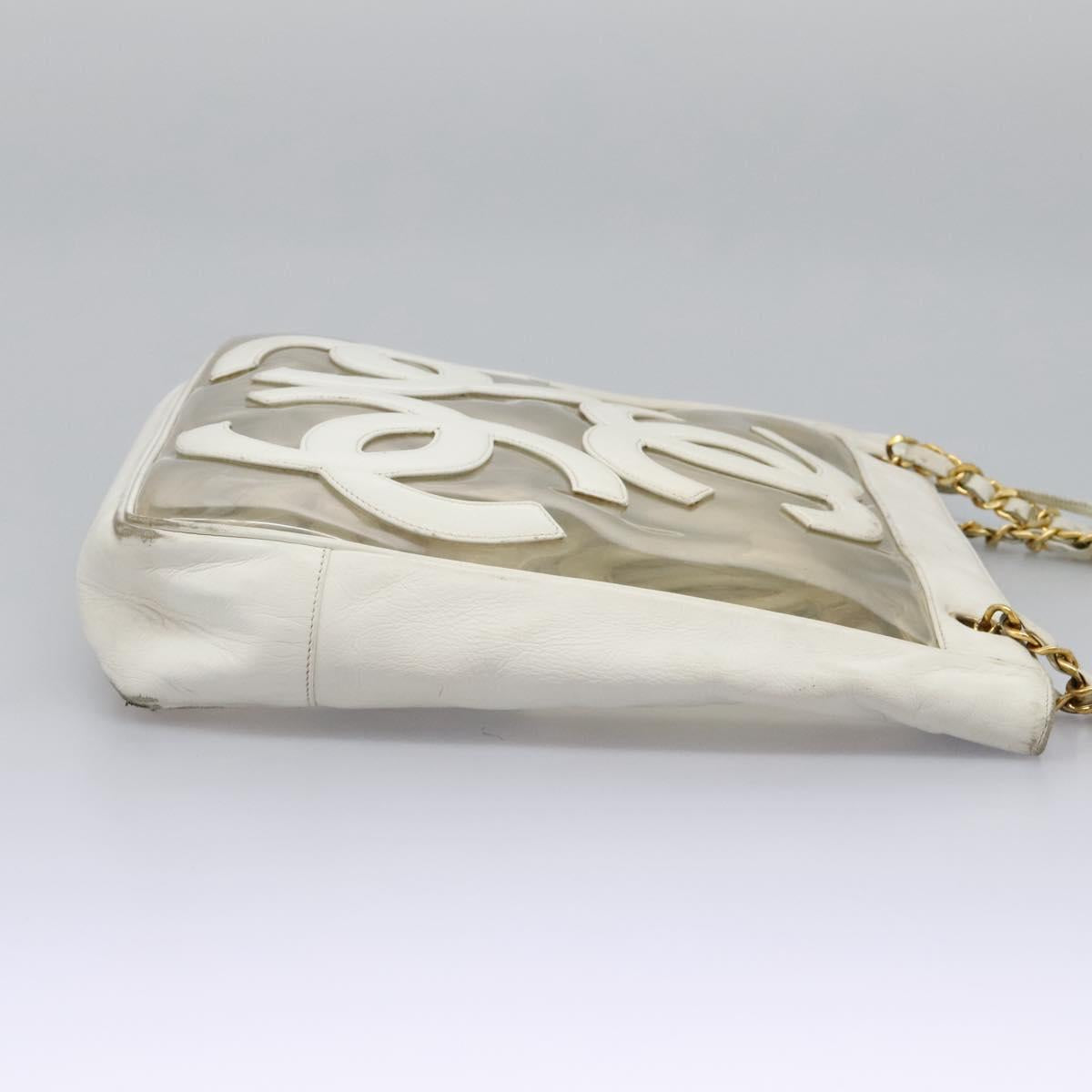 CHANEL Triple Coco Chain Tote Bag Vinyl Leather White Gold CC Auth bs23423