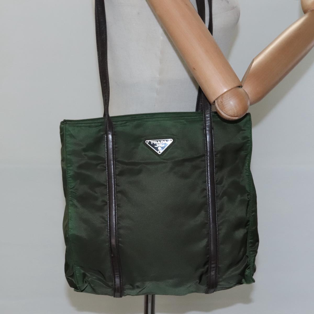 PRADA Shoulder Bag Nylon Khaki Silver Auth bs23455