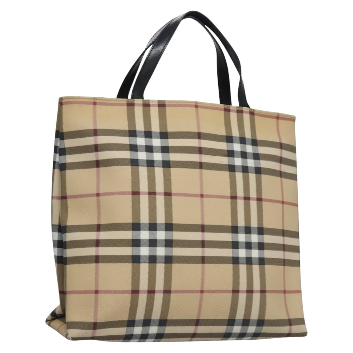 BURBERRY Nova Check Hand Bag PVC Beige Silver Auth bs23486