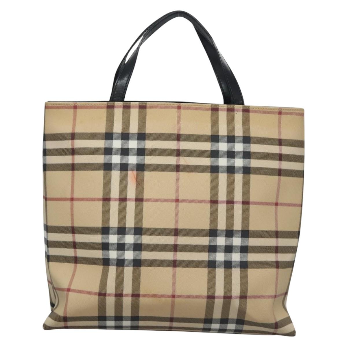 BURBERRY Nova Check Hand Bag PVC Beige Silver Auth bs23486