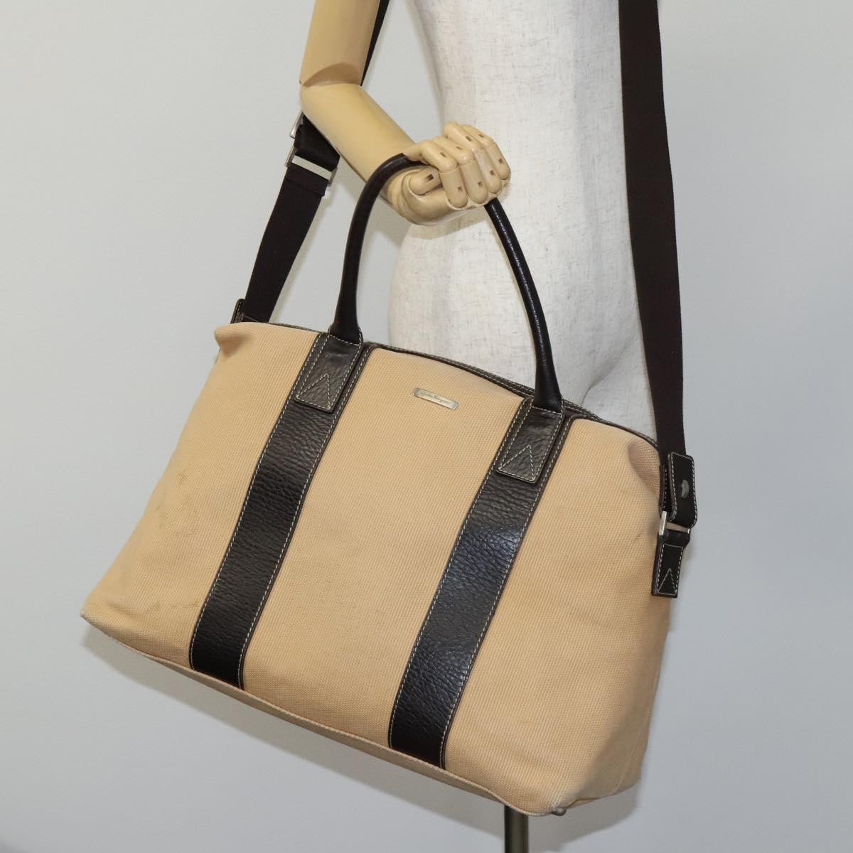 Salvatore Ferragamo Boston Bag Canvas Leather 2way Beige Silver Auth bs23541