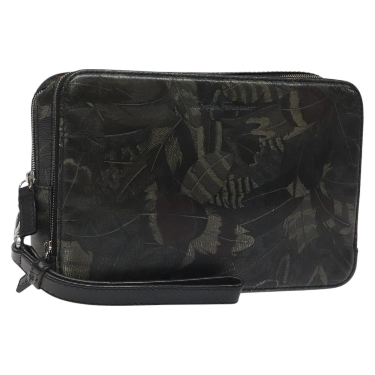 Salvatore Ferragamo Clutch Bag Leather Black Gold Auth bs23562