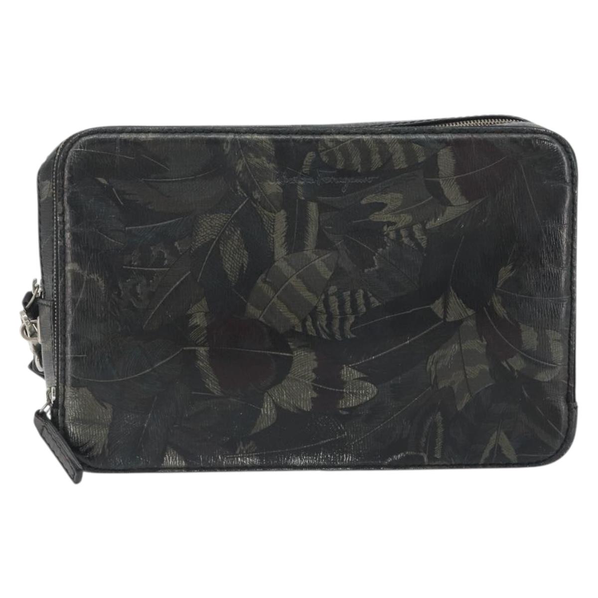 Salvatore Ferragamo Clutch Bag Leather Black Gold Auth bs23562