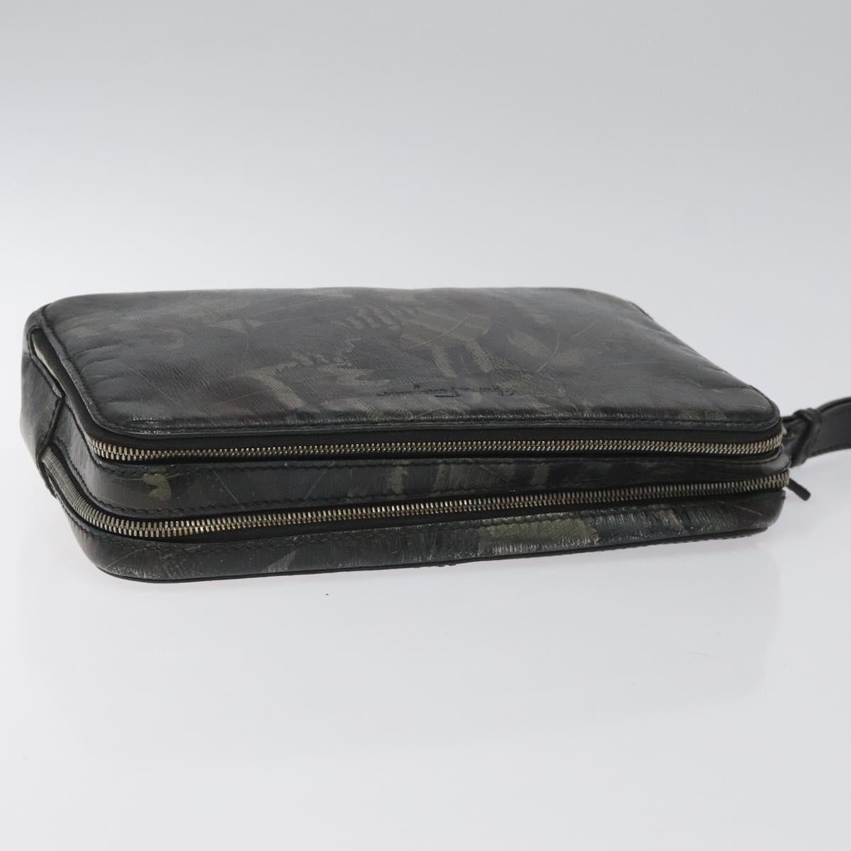 Salvatore Ferragamo Clutch Bag Leather Black Gold Auth bs23562