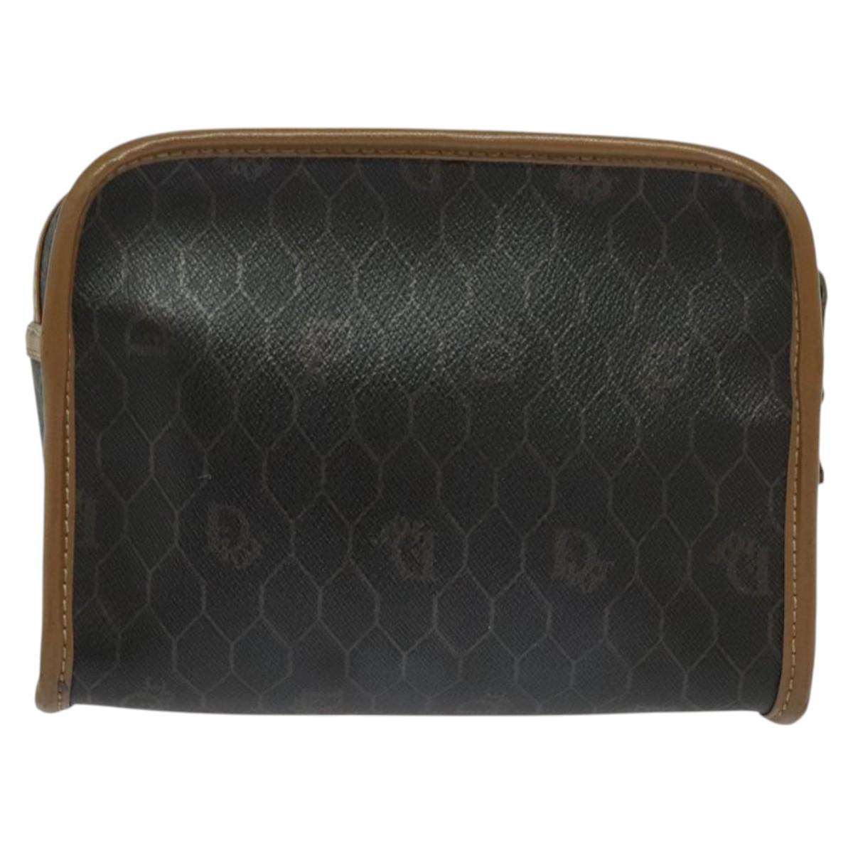 Christian Dior Honeycomb Canvas Pouch PVC Leather Black Auth bs23663