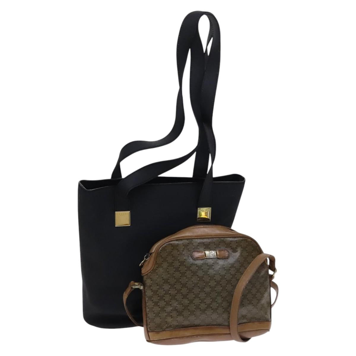 CELINE Macadam Canvas Shoulder Bag Leather 2Set Beige Black Auth bs23709